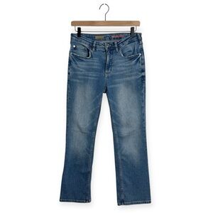 Pilcro Anthropologie Mid Rise Crop Flare Jeans Medium Blue Wash Sz 27 Comfort